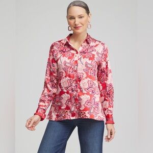 Chicos Pink Red Floral Paisley Satin Pleated Blouse 2